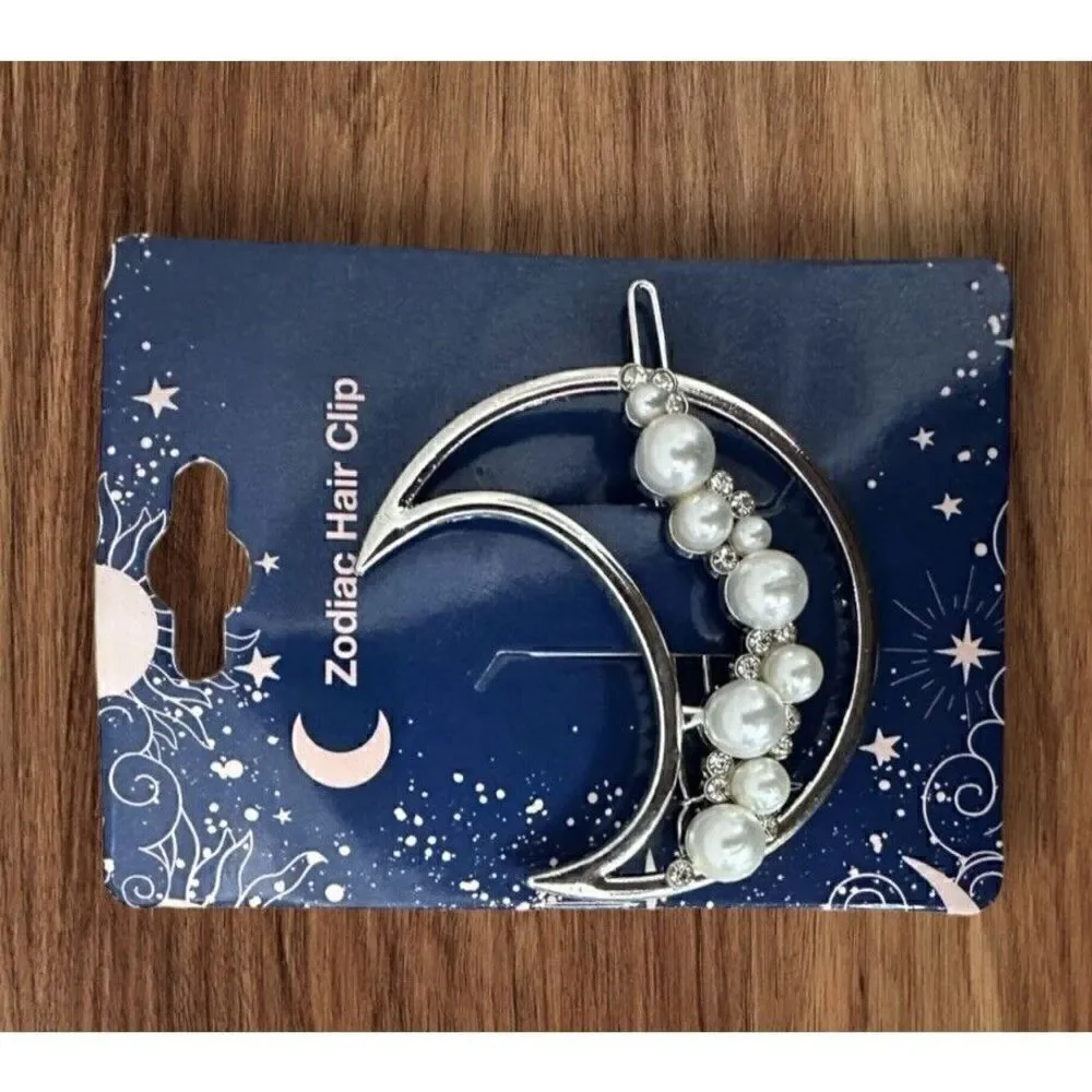 NWT 2 Inch Zodiac Gold Plated Metal Imitation Pearl Half Moon Hair Clip Barrette